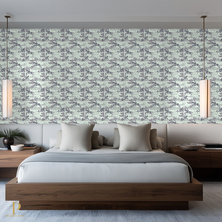 Equestrian Toile Wallpaper — Mockup Blue And Purple 08
