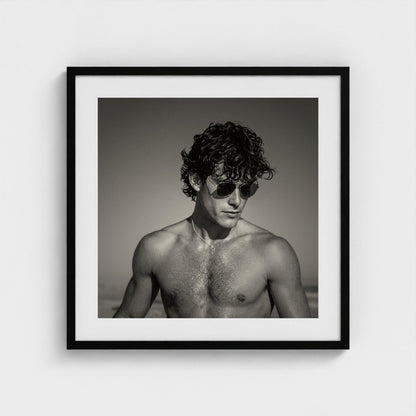 Coastal Gaze portrait study art print within a sleek 24x24 inch black wood frame.