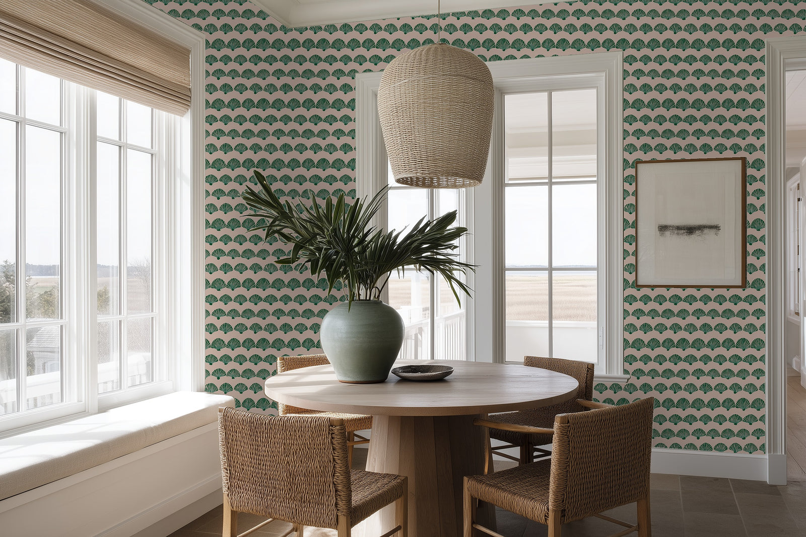 Chic pink geometric scallop wallpaper in a contemporary styled dining space.