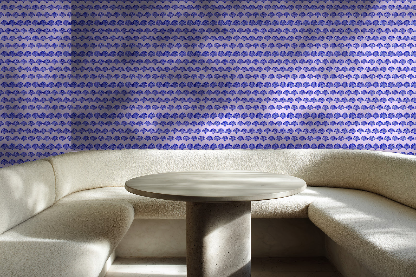 A charming breakfast nook wall decorated with purple geometric wave wallpaper.