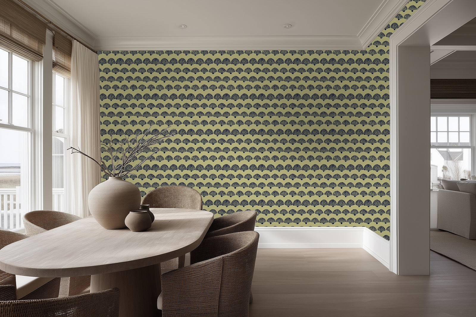 A bright room setting showing the modern scallop pattern in yellow on the walls.