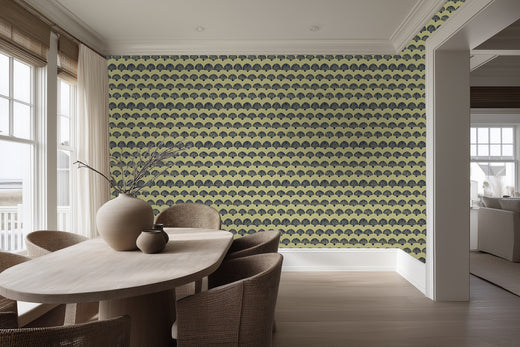 A bright room setting showing the modern scallop pattern in yellow on the walls.