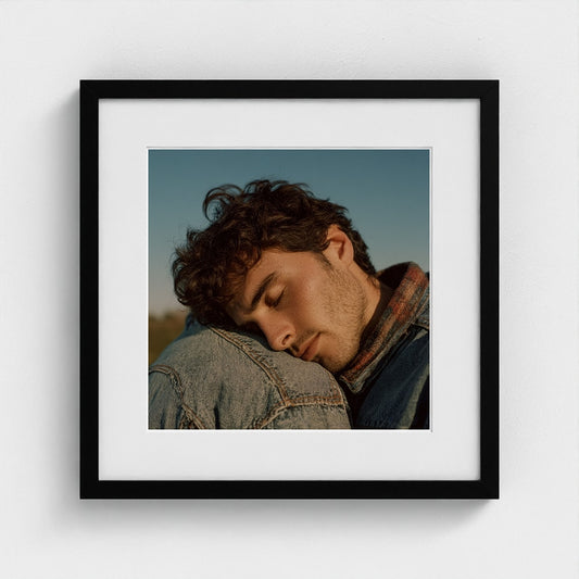 Contemplative Portrait with Denim Jacket in Soft Blues