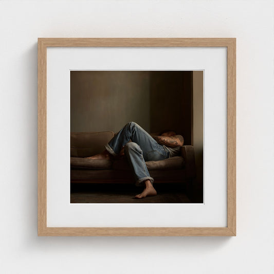 Reclining Denim Portrait in Quiet Taupe Tones