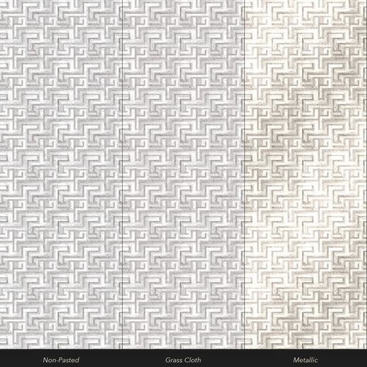 Texture comparison of non-pasted, grass cloth, and metallic paper styles
