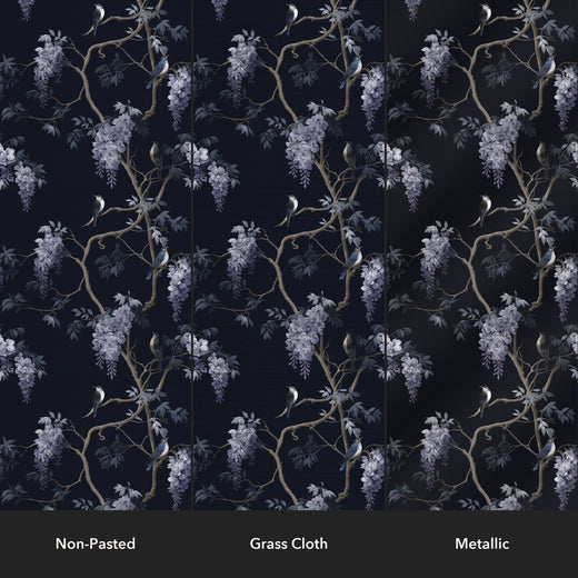 Wisteria and Swallows — Midnight — Paper Types: Non-Pasted, Grass Cloth, Metallic