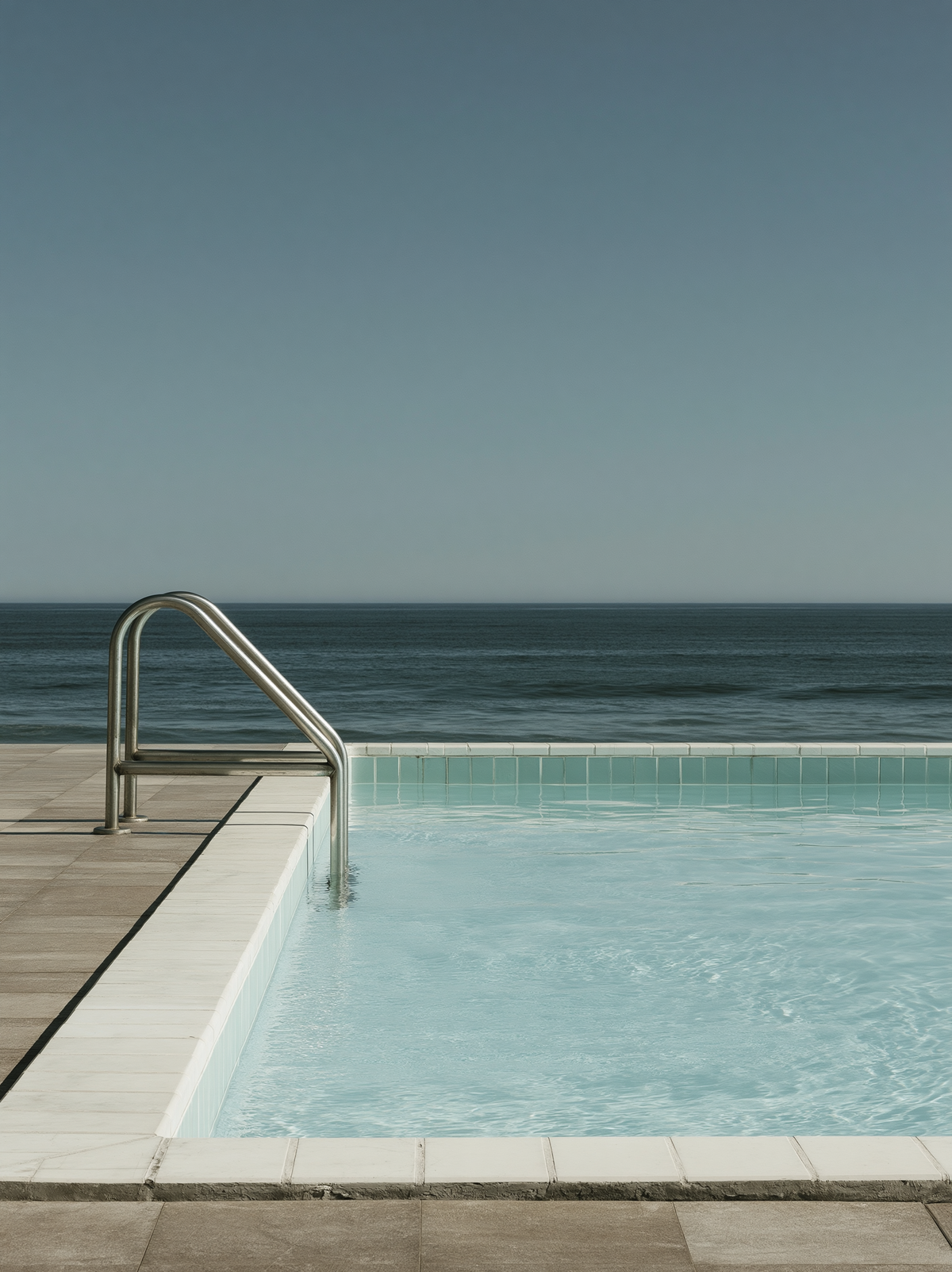 3D Source Artwork - Pool or Beach with pale blue pool, ocean horizon, and steel rail