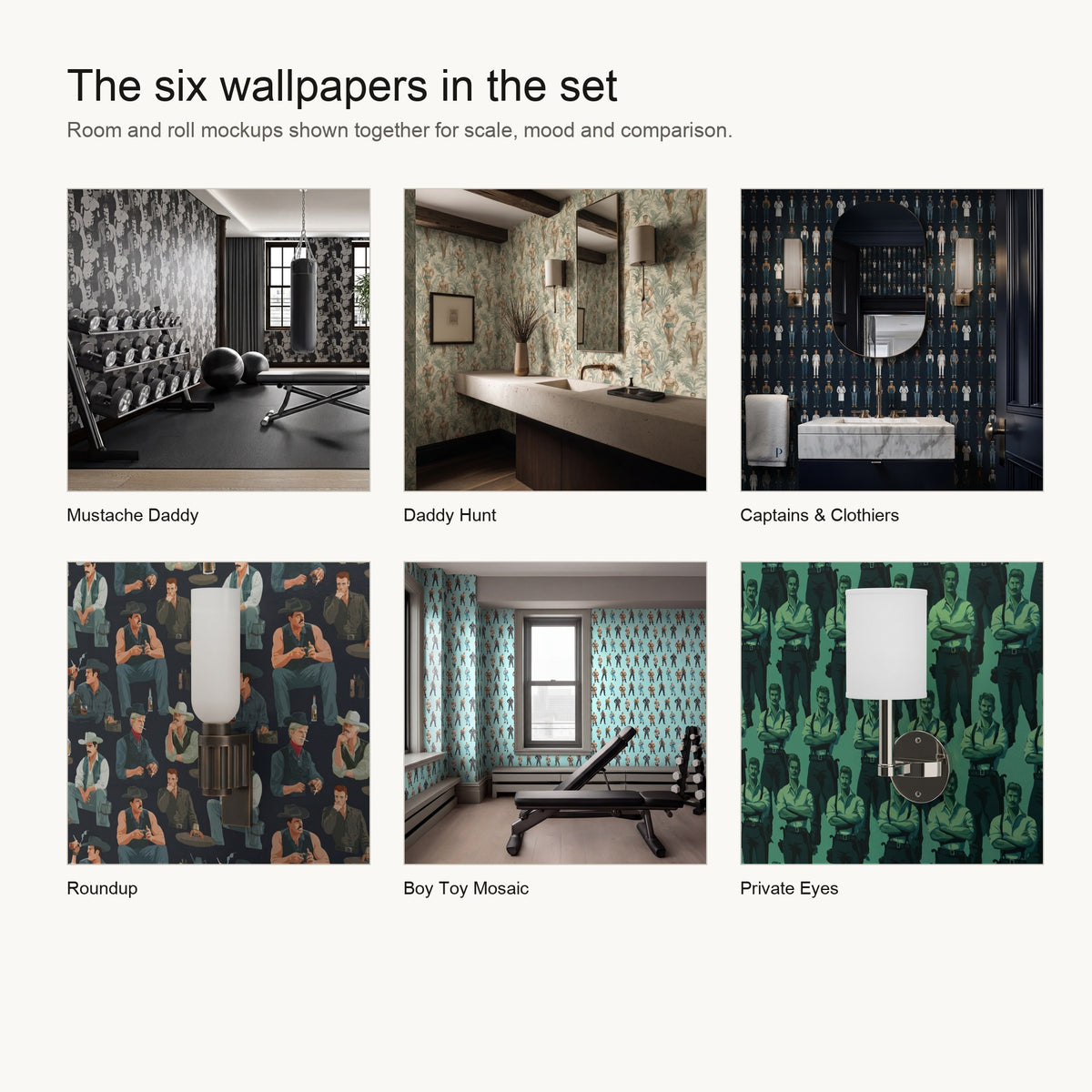Pride 2026 wallpaper sample set showing six room and roll mockups together