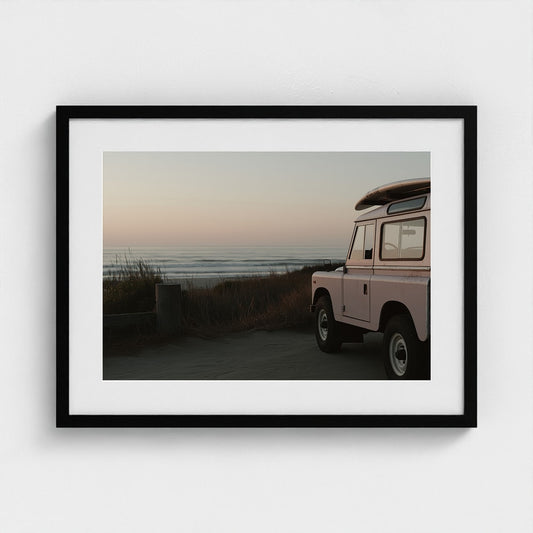 Pink Vintage Beach Vehicle at Serene Coastal Sunrise