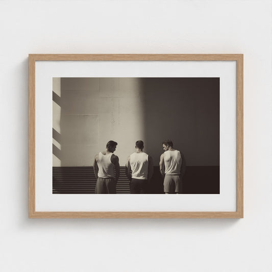 Three Men in Light Beam Minimalist Grey Portrait