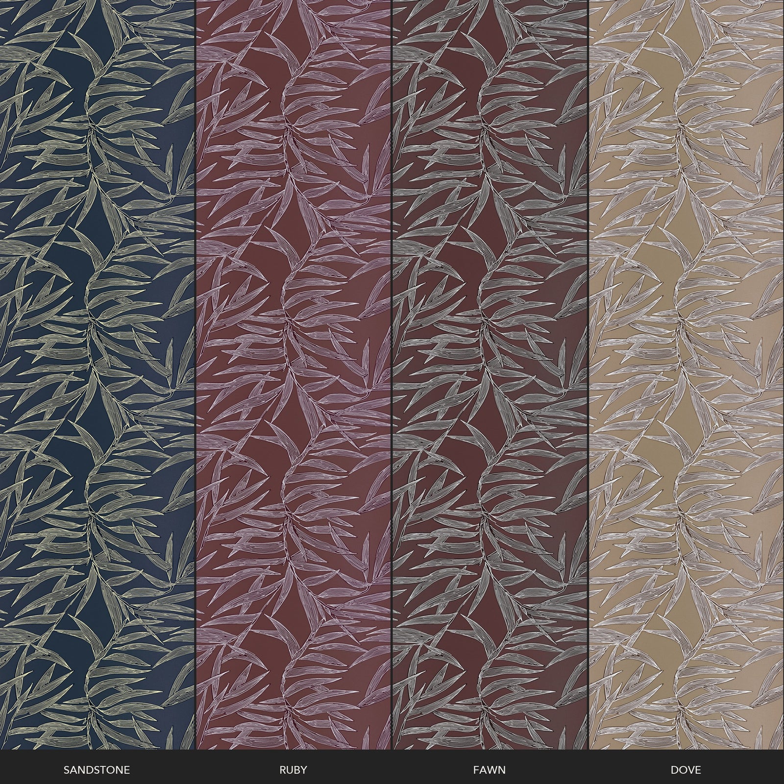 Color comparison strips of the Earthy colorways for the botanical bamboo wallpaper.