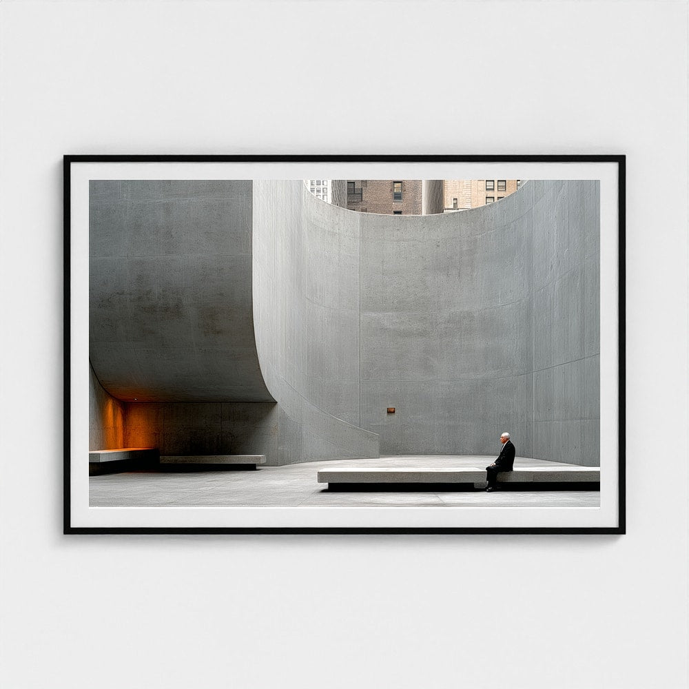 Curved Concrete Study with Seated Figure in Grey