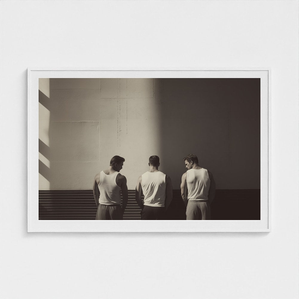 Three Men in Light Beam Minimalist Grey Portrait