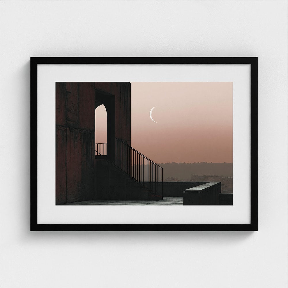 Minimalist Rooftop Staircase at Dusk with Crescent Moon