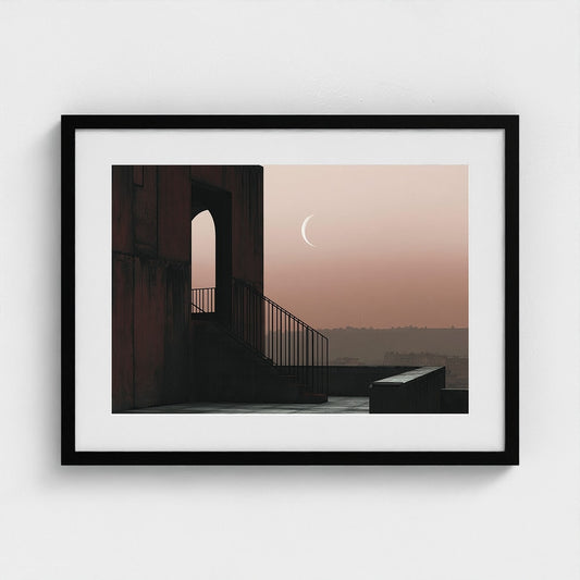 Minimalist Rooftop Staircase at Dusk with Crescent Moon