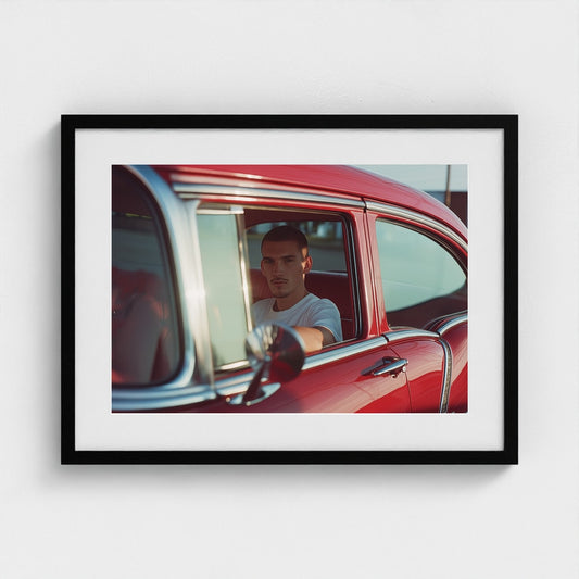 Young Man in Red Classic Car Contemplative Portrait