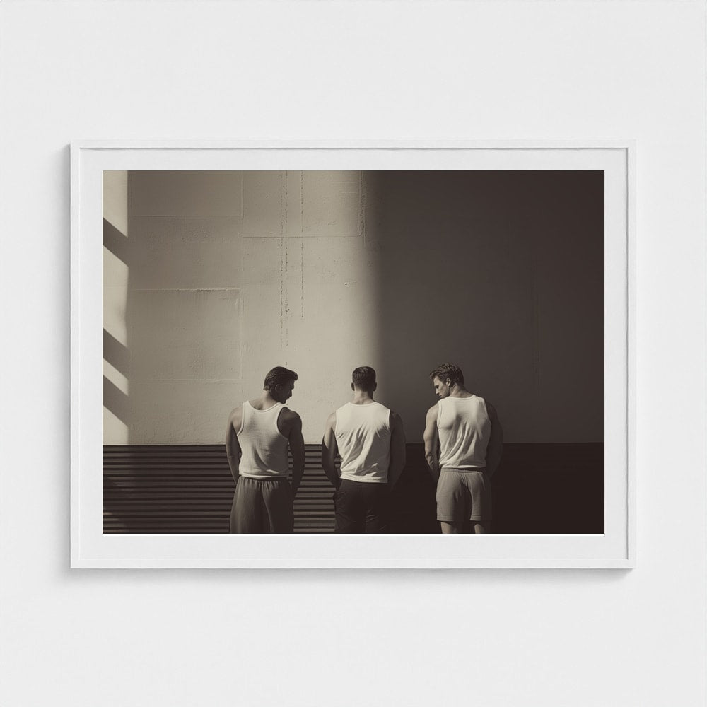Three Men in Light Beam Minimalist Grey Portrait
