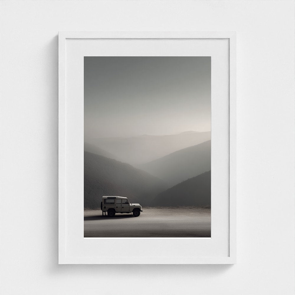 White Land Rover in Serene Misty Mountain Landscape