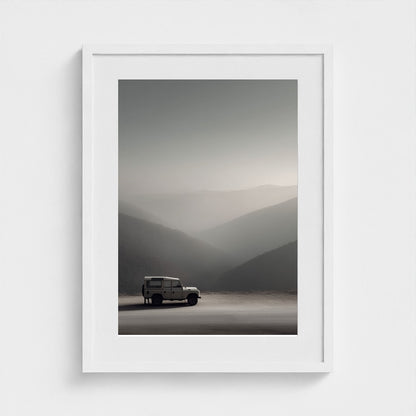 White Land Rover in Serene Misty Mountain Landscape