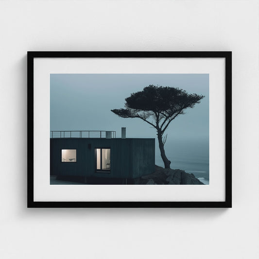 Modern Coastal Cabin at Dusk in Deep Charcoal Tones