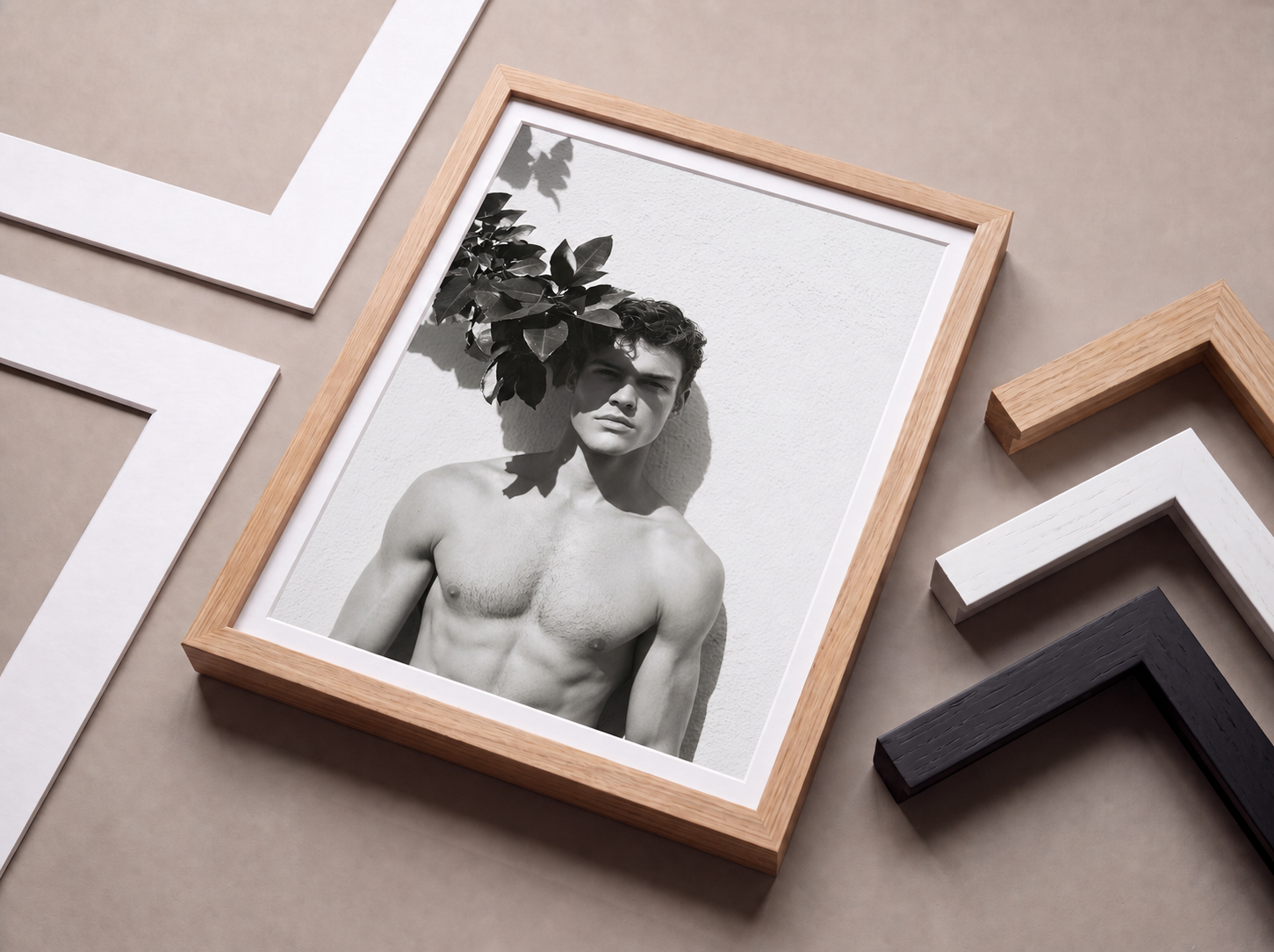 Discovery Series Frame in Natural with Natural, White, and Black wood-finish samples