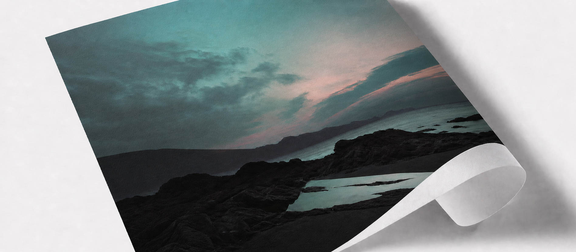 Dreamy Shore printed nearly edge to edge on a curled sheet of heavyweight matte cotton fine-art paper