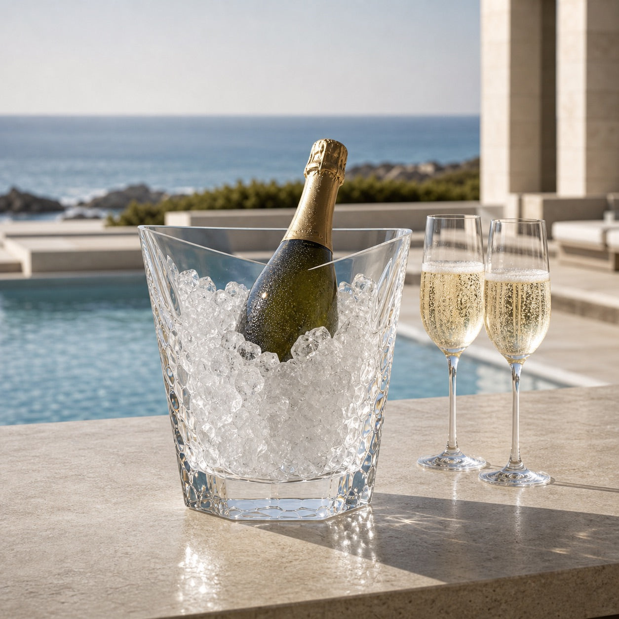 Glacier Champagne Cooler with chilled champagne and crystal flutes beside a coastal pool