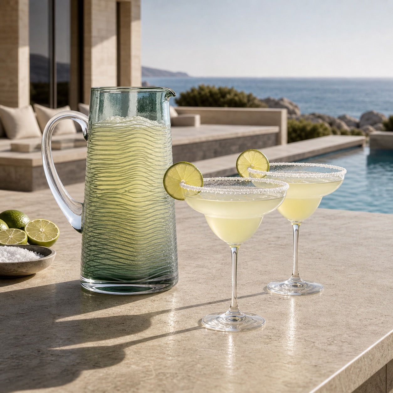 Salt-rimmed margarita glasses and sea-green pitcher on a limestone coastal bar