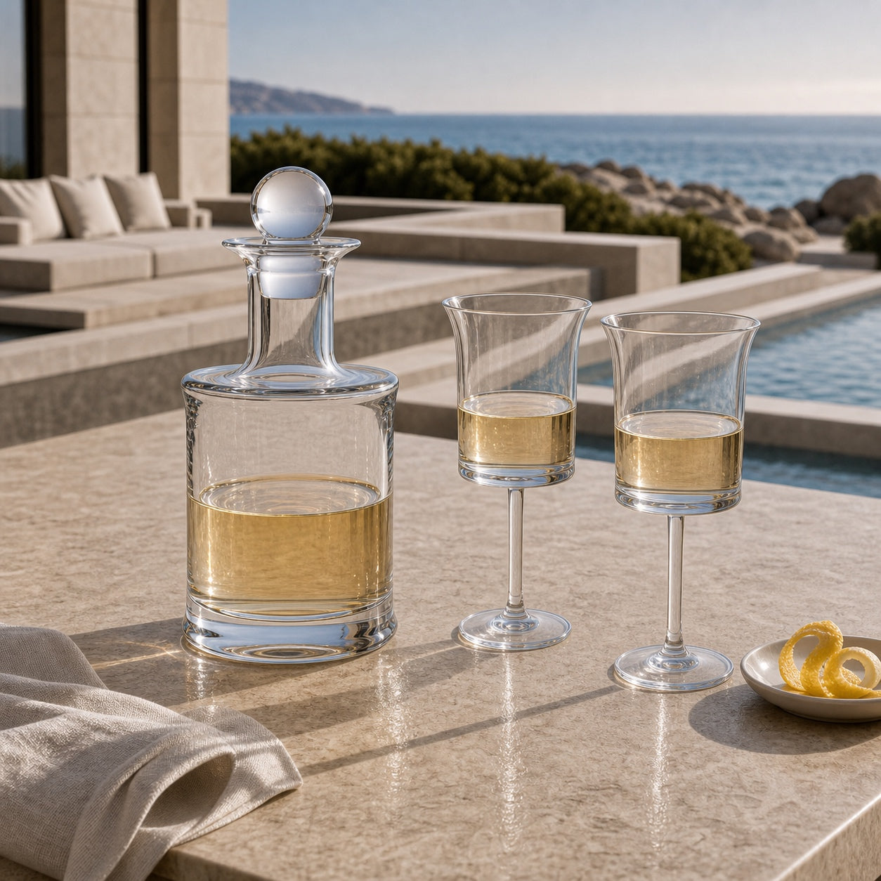 Jour wine decanter and white wine glasses on a sunlit coastal limestone counter