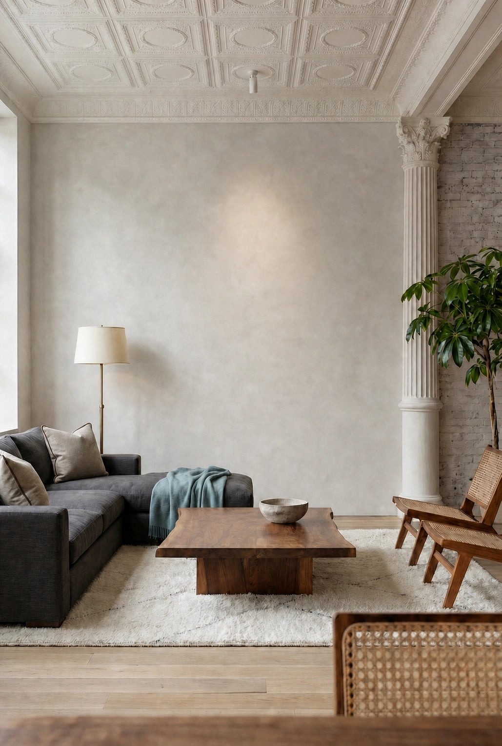 Tribeca loft living room with a plaster wall, cast-iron column, and lounge seating